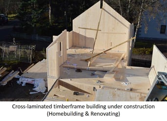 Timberframe building under construction.