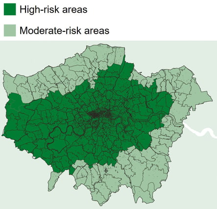 Map of London showing areas defined as high and moderate risk
