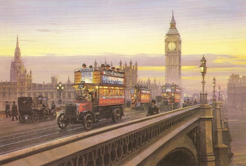 Westminster Bridge with gas-powered streetlights, painted by Malcolm Root probably between 1910-1914 (Leonard Bentley [CC/ Flickr])