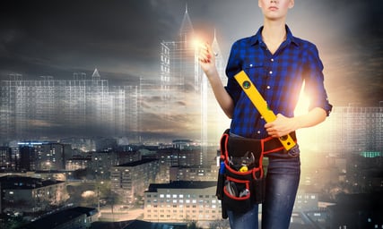 Young pretty woman engineer with tool belt on waist-1