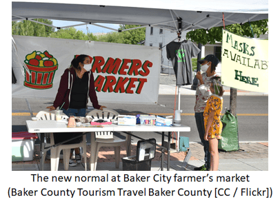 People wearing facemasks at Baker City farmer's market during COVID-19 pandemic